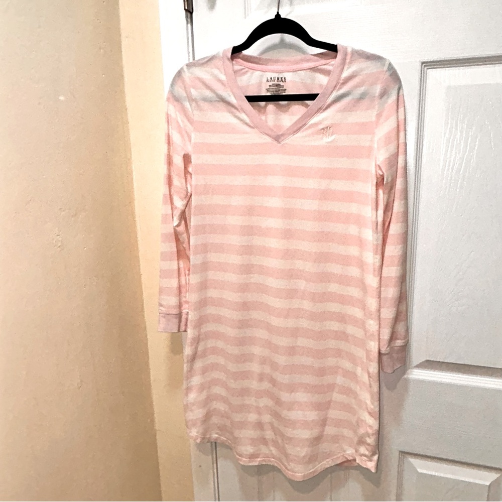 Lauren Ralph Lauren Pink White Striped Long Sleeve Night Shirt Size Medium
